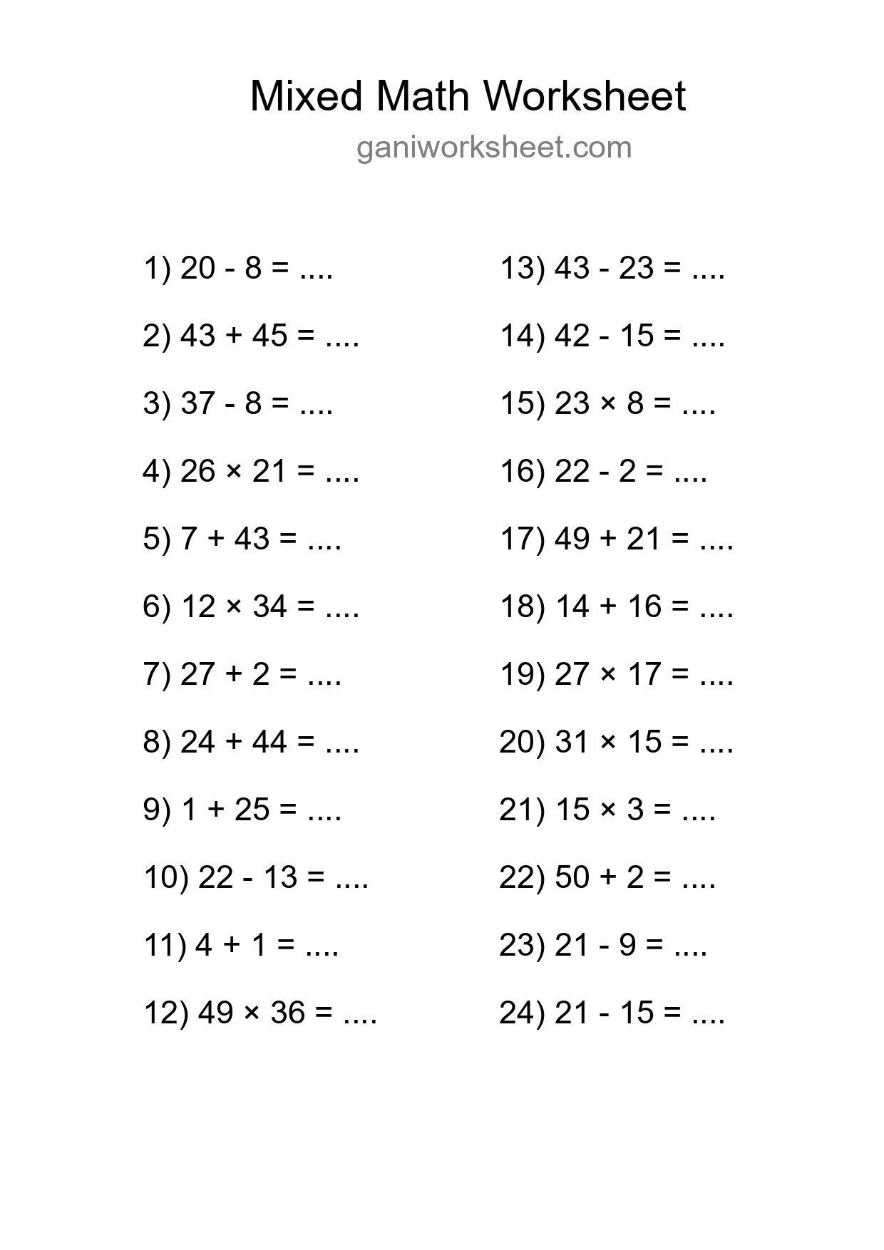 Printable Mixed Operations Worksheet for Grade 3