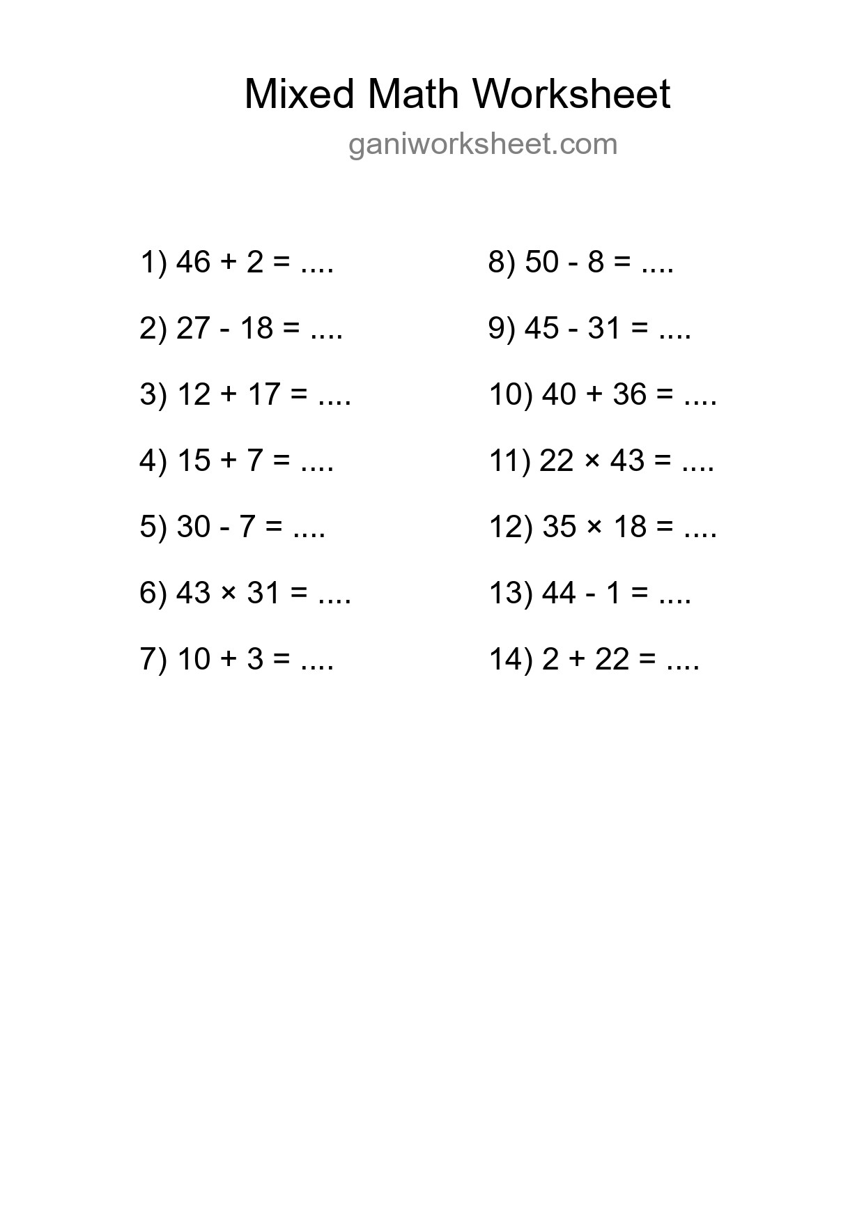 Printable Mixed Operations Worksheet for Grade 3