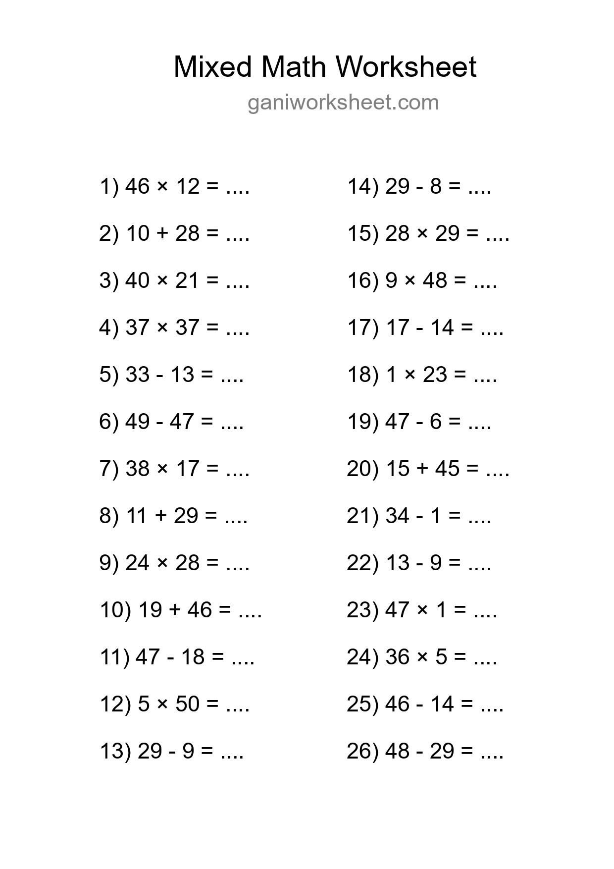 Printable Mixed Operations Worksheet for Grade 3