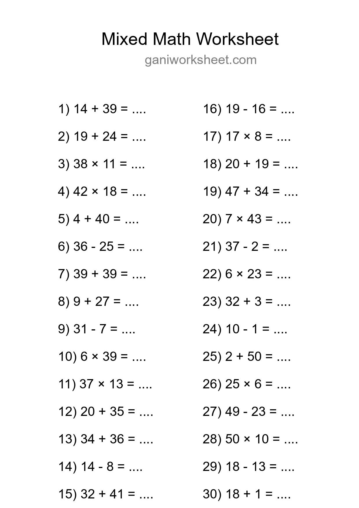 Printable Mixed Operations Worksheet for Grade 3