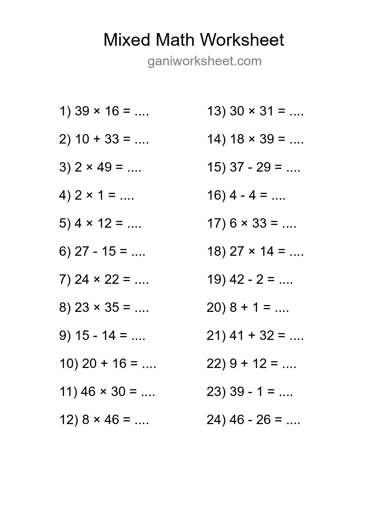Printable Mixed Operations Worksheet for Grade 3