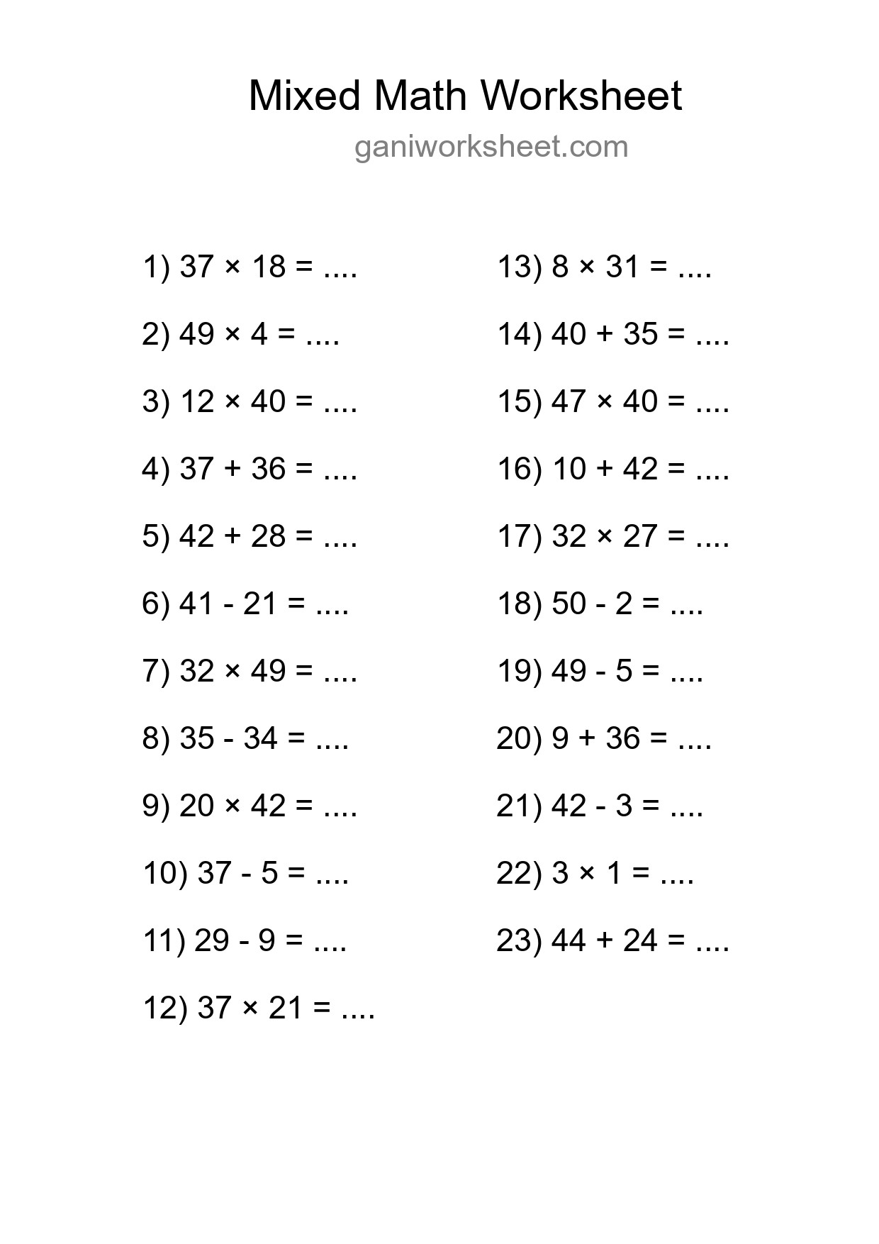 Printable Mixed Operations Worksheet for Grade 3