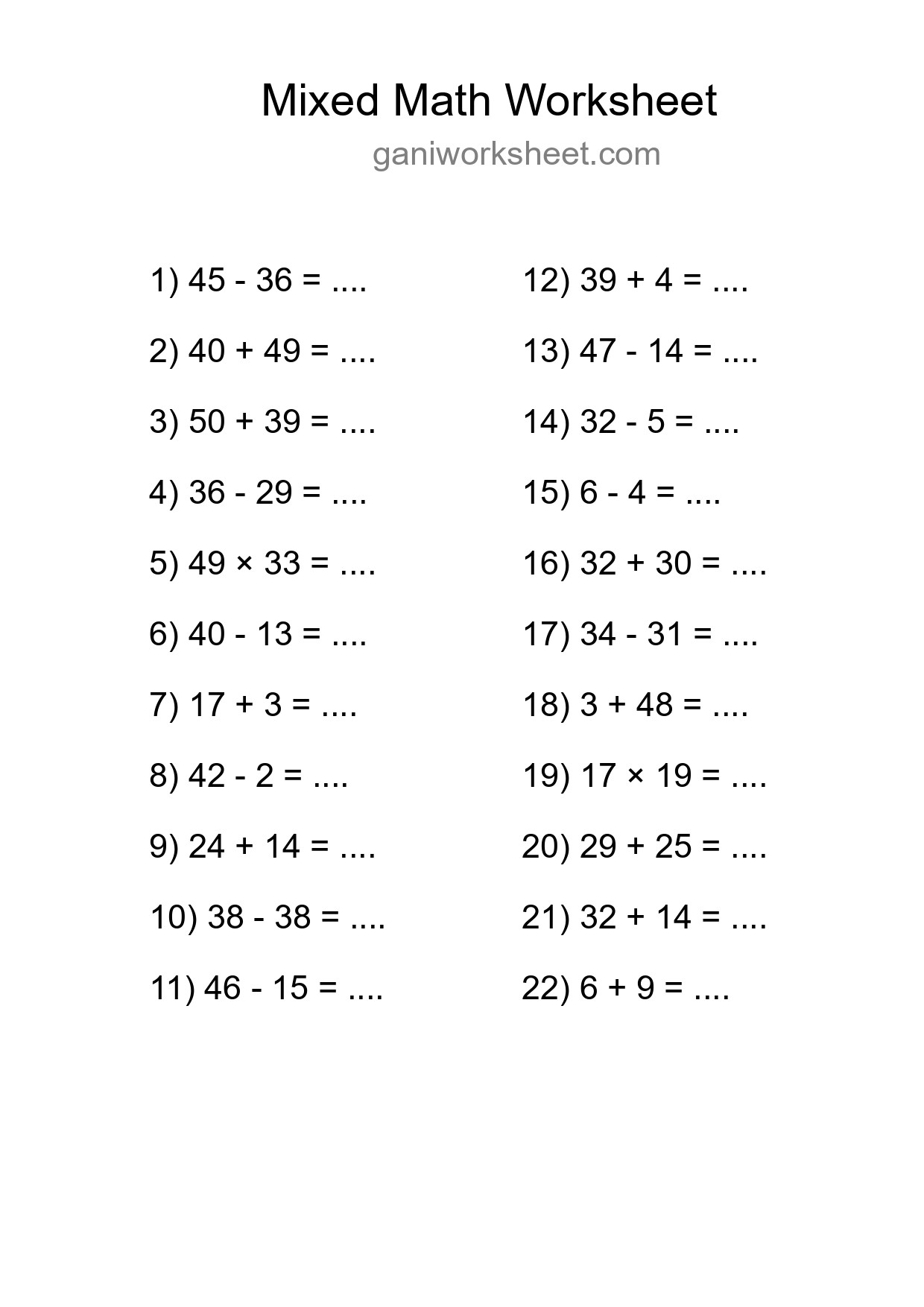 Mixed Operations Math Worksheet