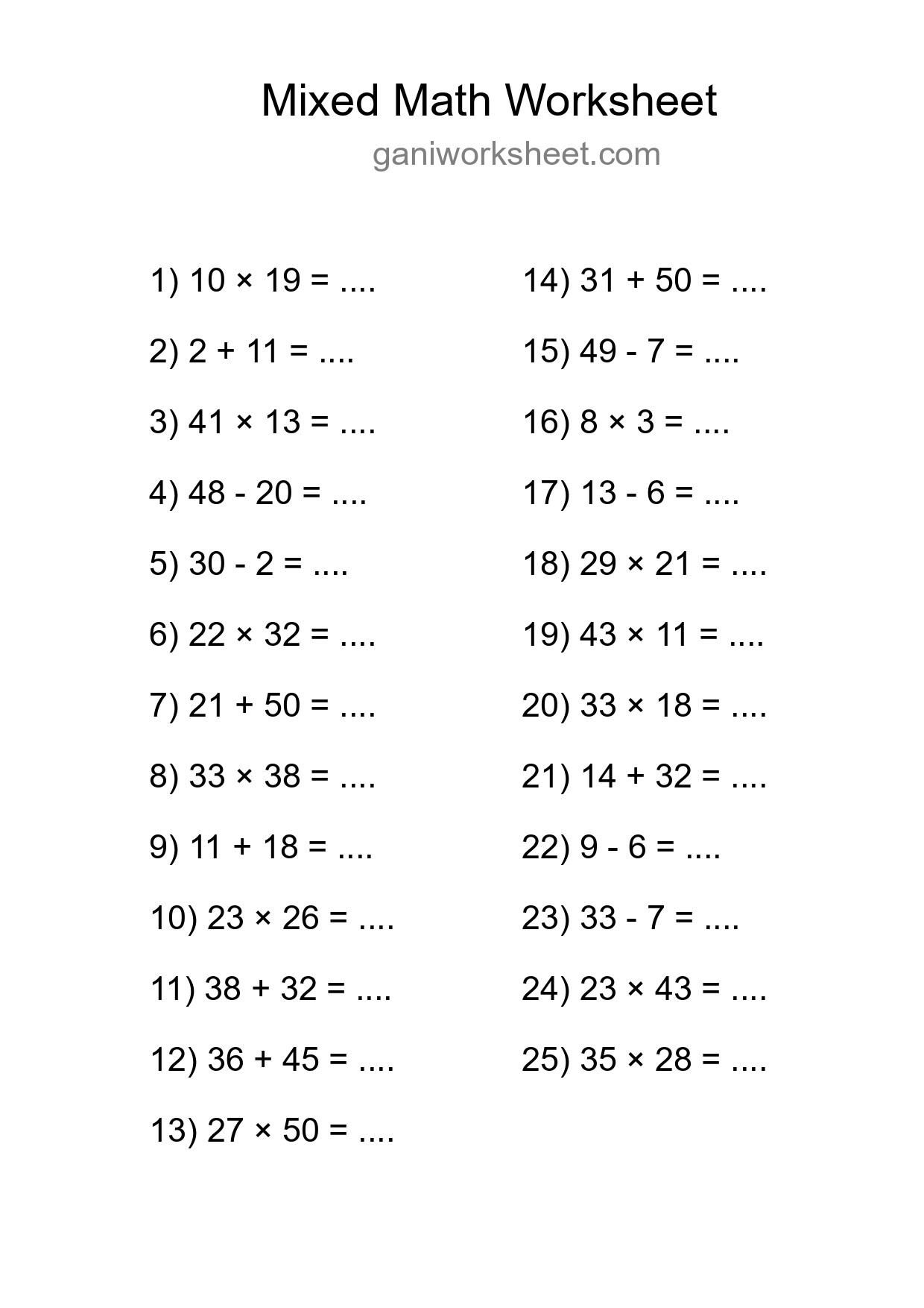 Mixed Operations Math Worksheet