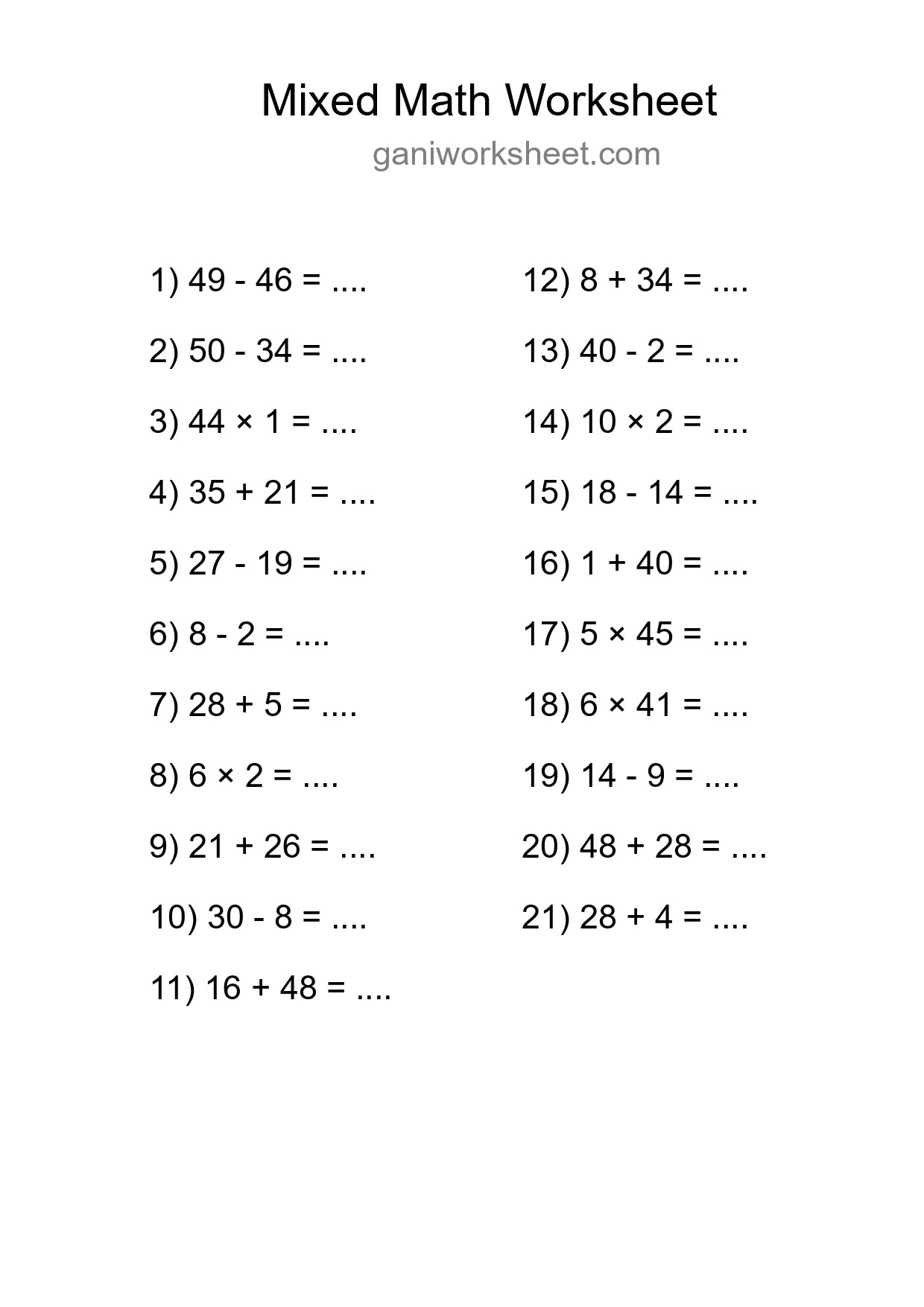 Printable Mixed Operations Worksheet for Grade 3