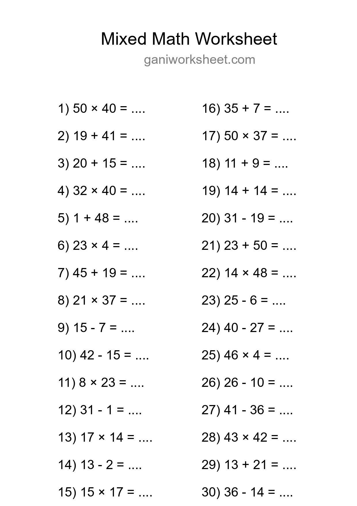 Mixed Operations Math Worksheet