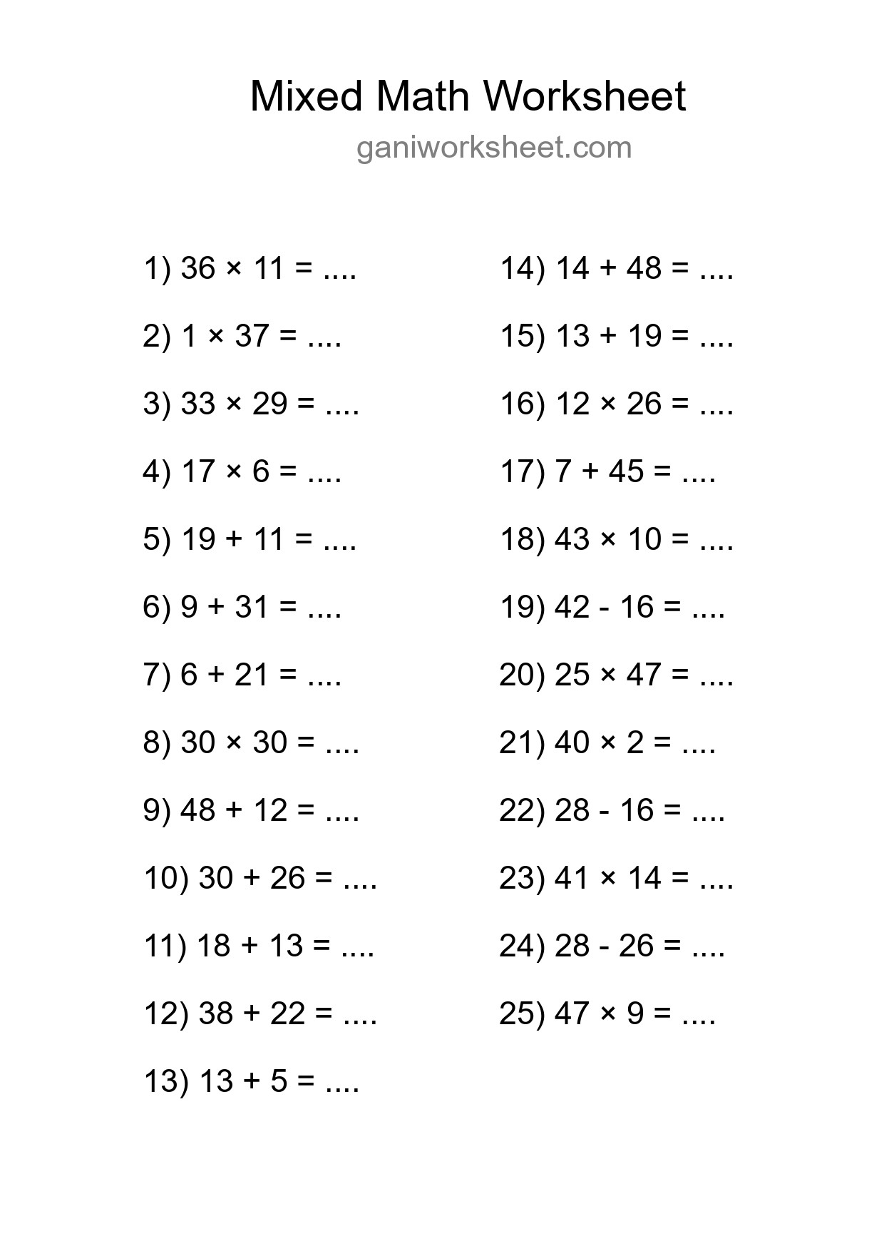 Mixed Operations Math Worksheet