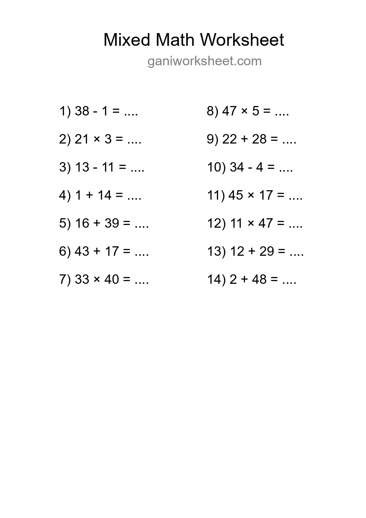 Printable Mixed Operations Worksheet for Grade 3