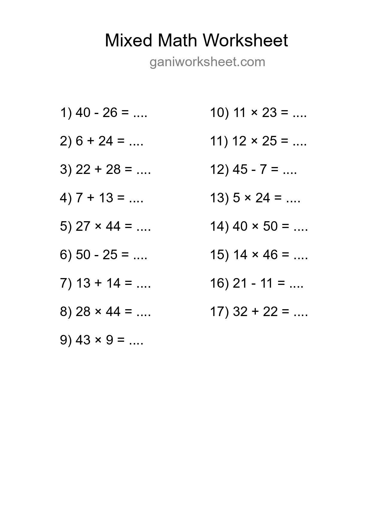 Mixed Operations Math Worksheet
