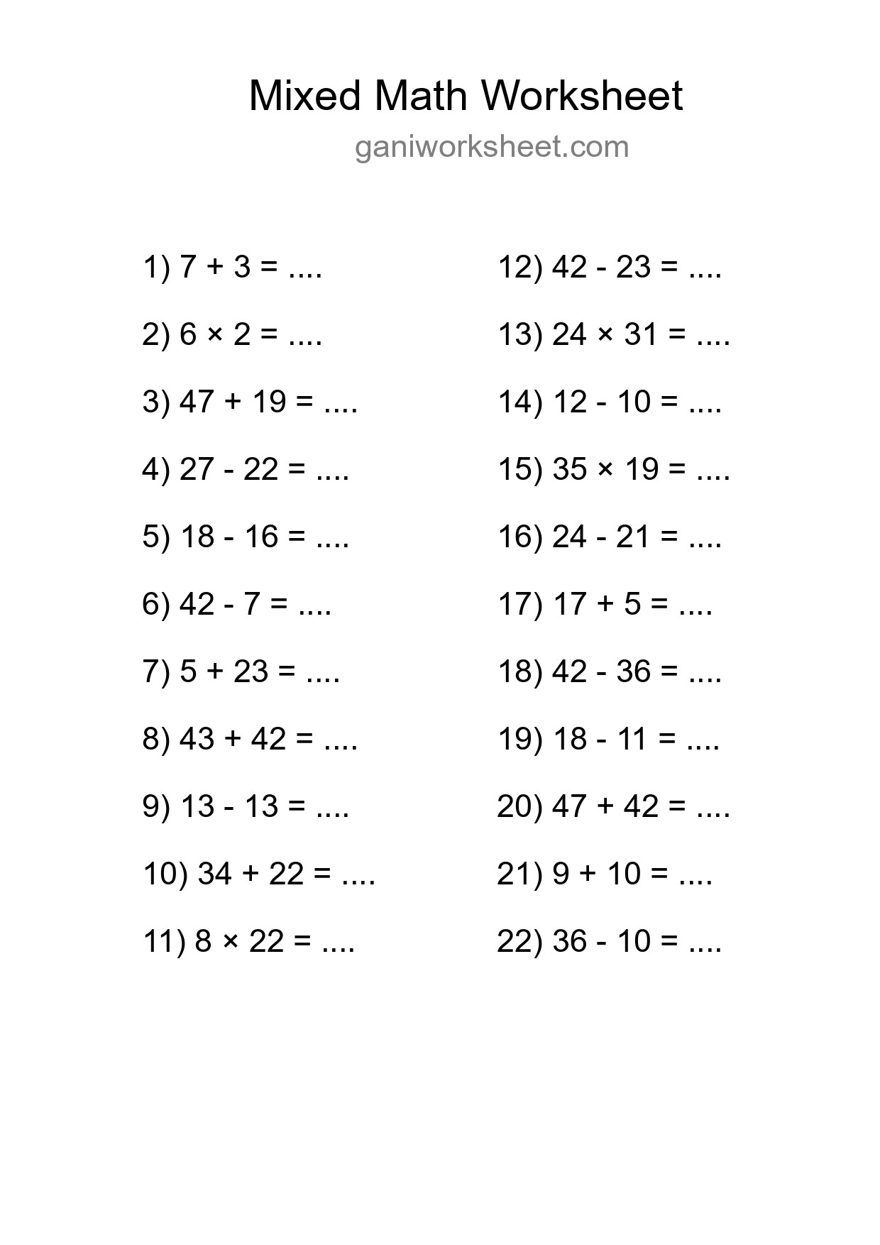 Mixed Operations Math Worksheet