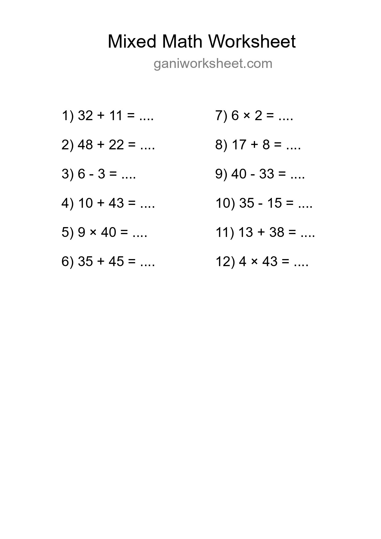 Printable Mixed Operations Worksheet for Grade 3