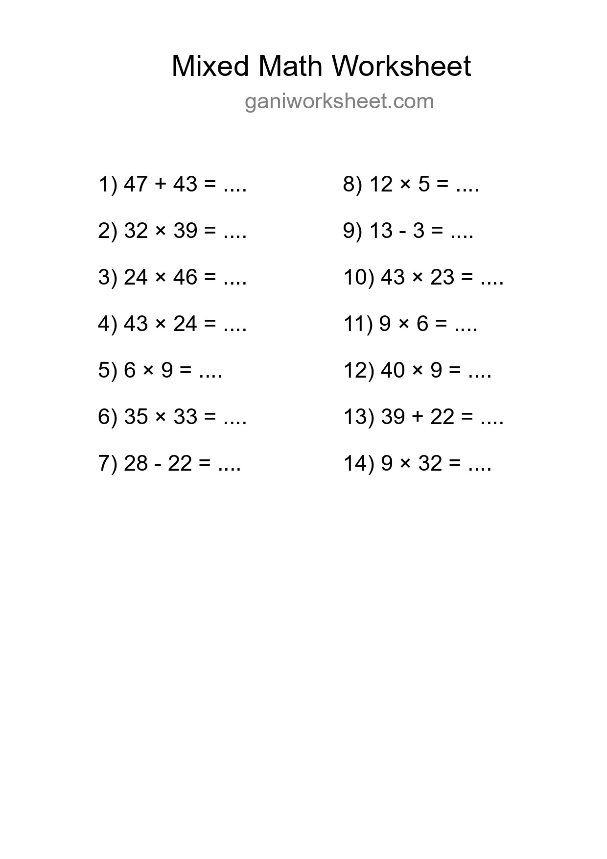 Printable Mixed Operations Worksheet for Grade 3