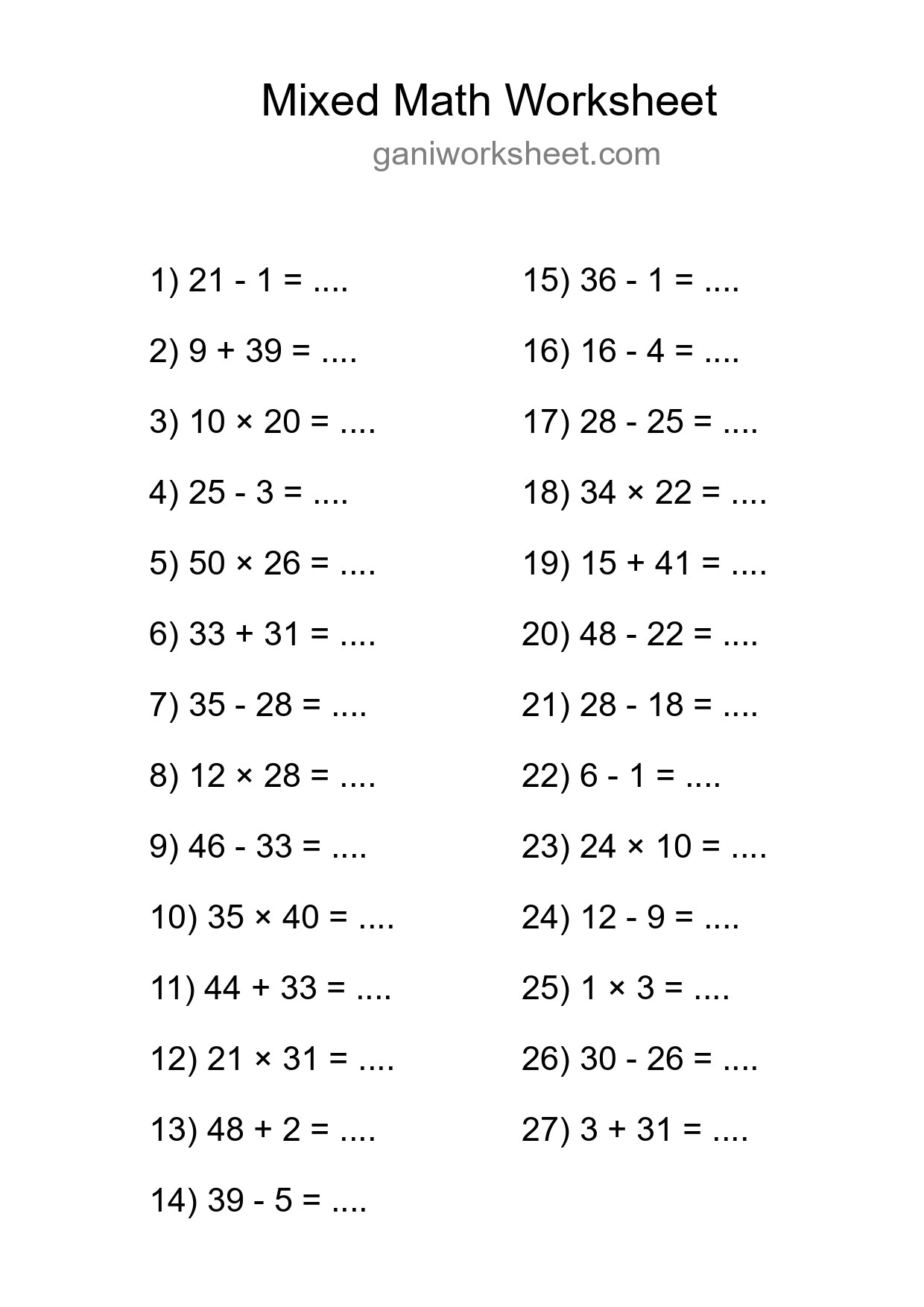 Printable Mixed Operations Worksheet for Grade 3
