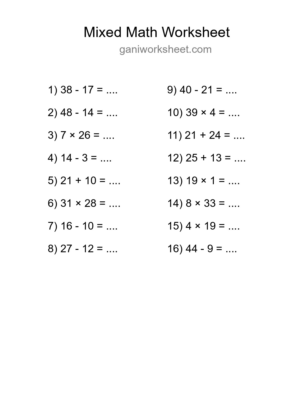 Mixed Operations Math Worksheet