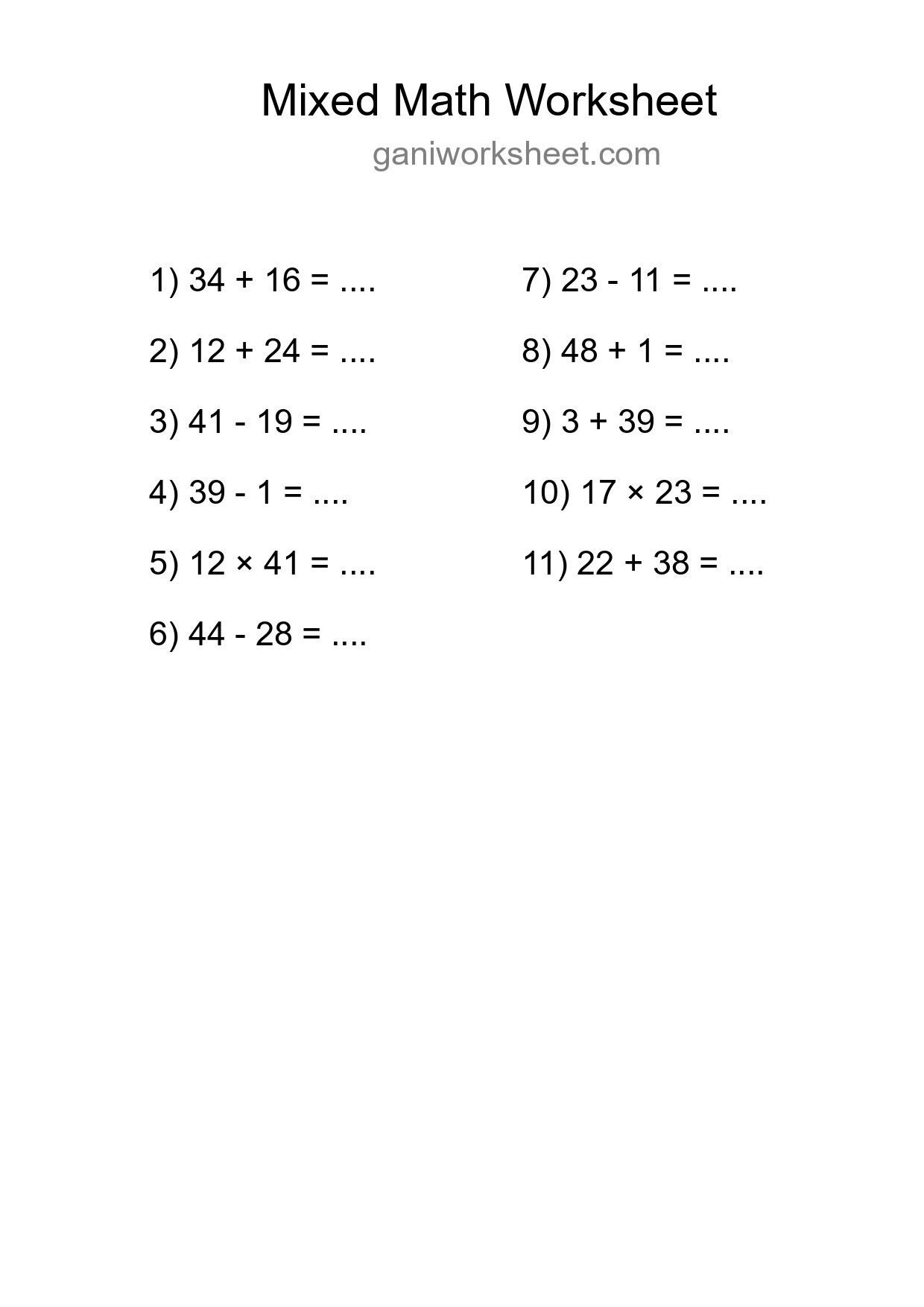 Printable Mixed Operations Worksheet for Grade 3