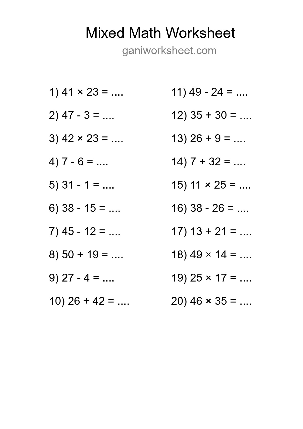 Printable Mixed Operations Worksheet for Grade 3