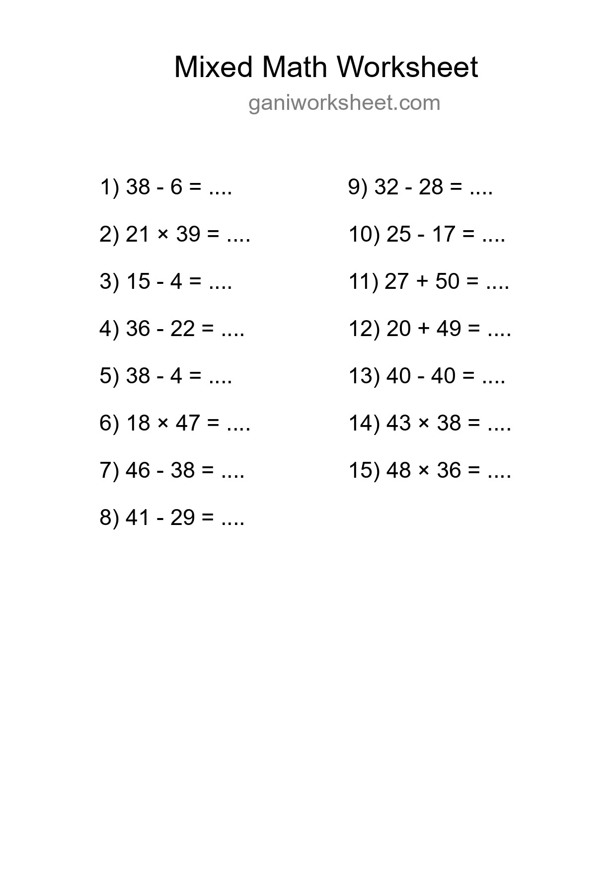 Printable Mixed Operations Worksheet for Grade 3