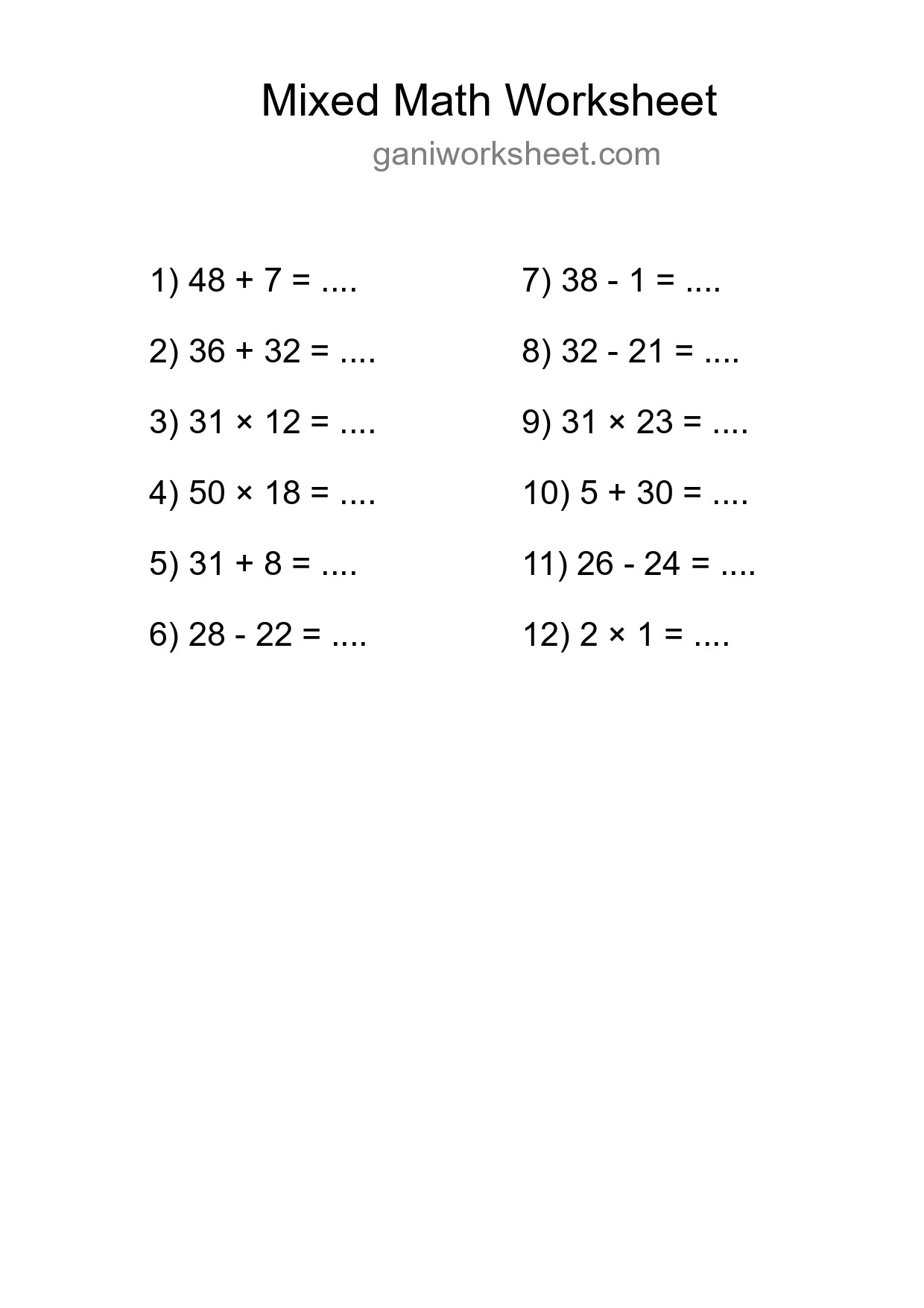 Printable Mixed Operations Worksheet for Grade 3