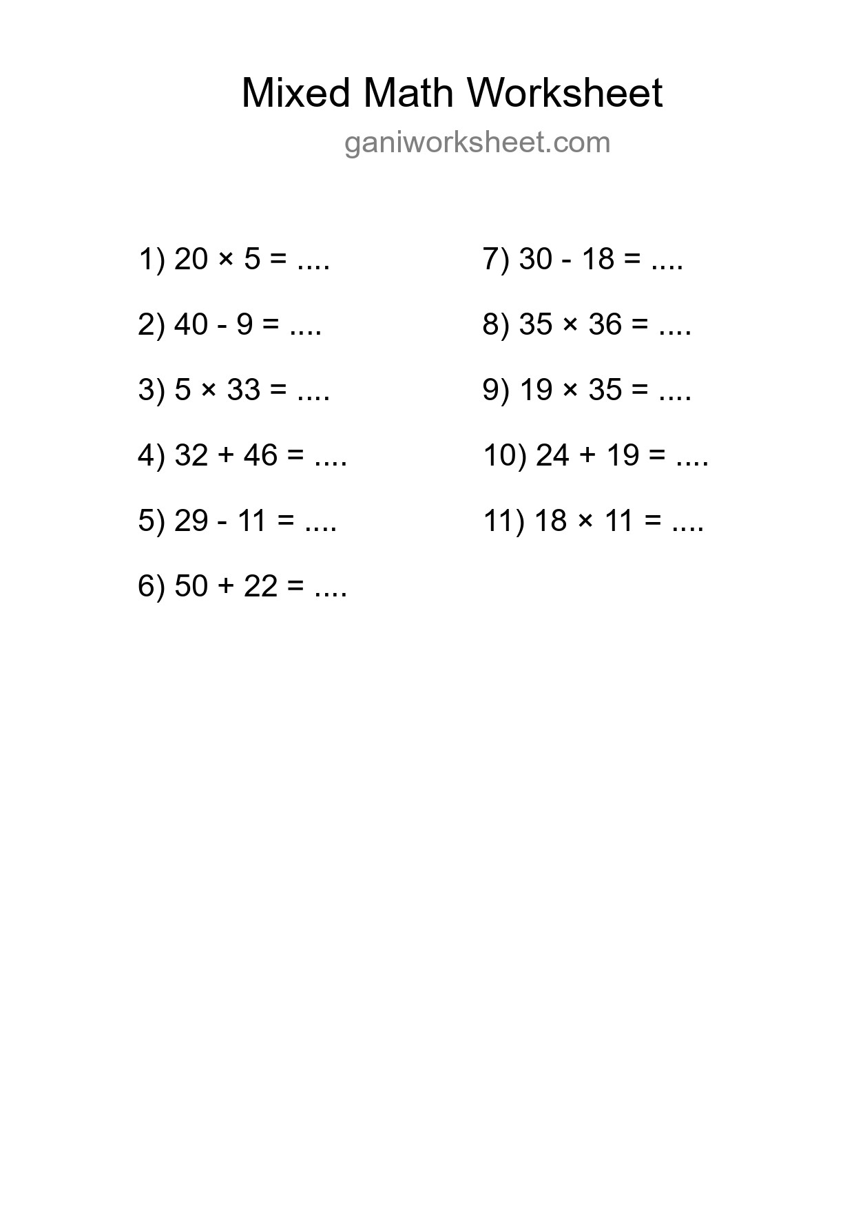 Printable Mixed Operations Worksheet for Grade 3