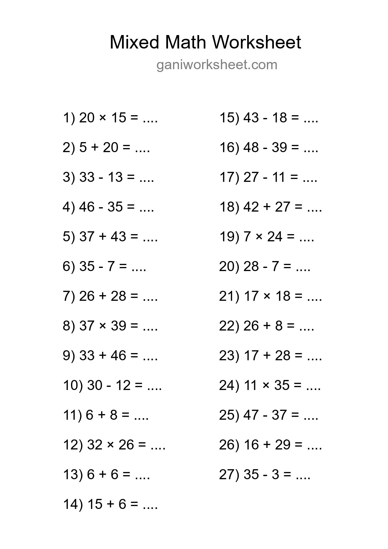 Printable Mixed Operations Worksheet for Grade 3