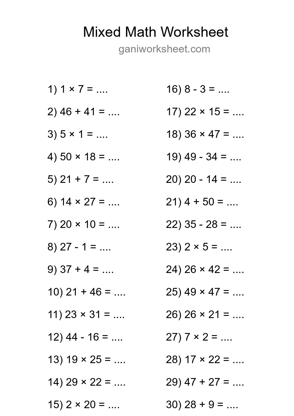Printable Mixed Operations Worksheet for Grade 3