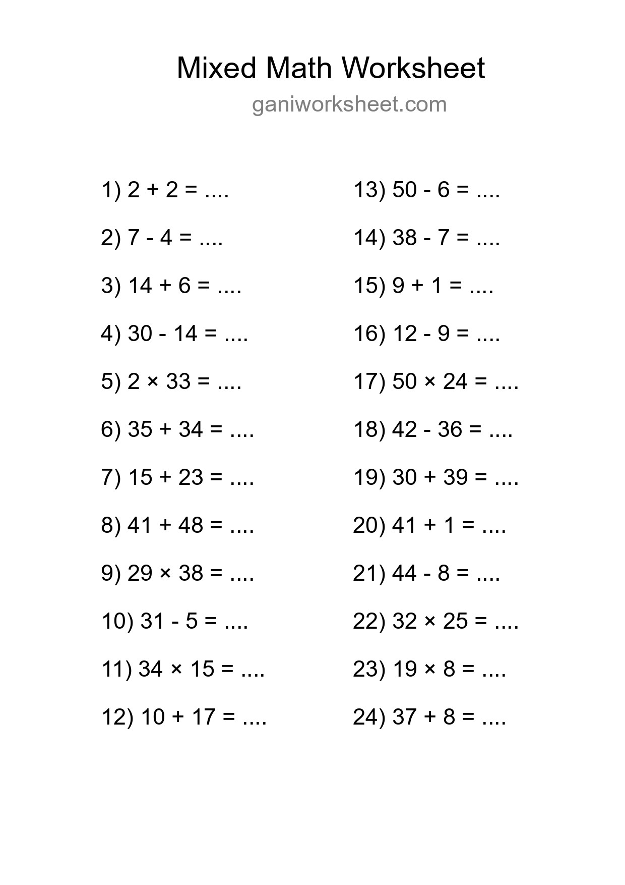Printable Mixed Operations Worksheet for Grade 3