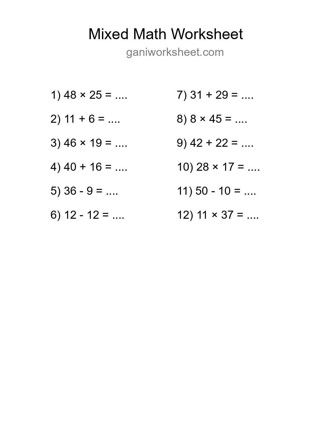 Printable Mixed Operations Worksheet for Grade 3