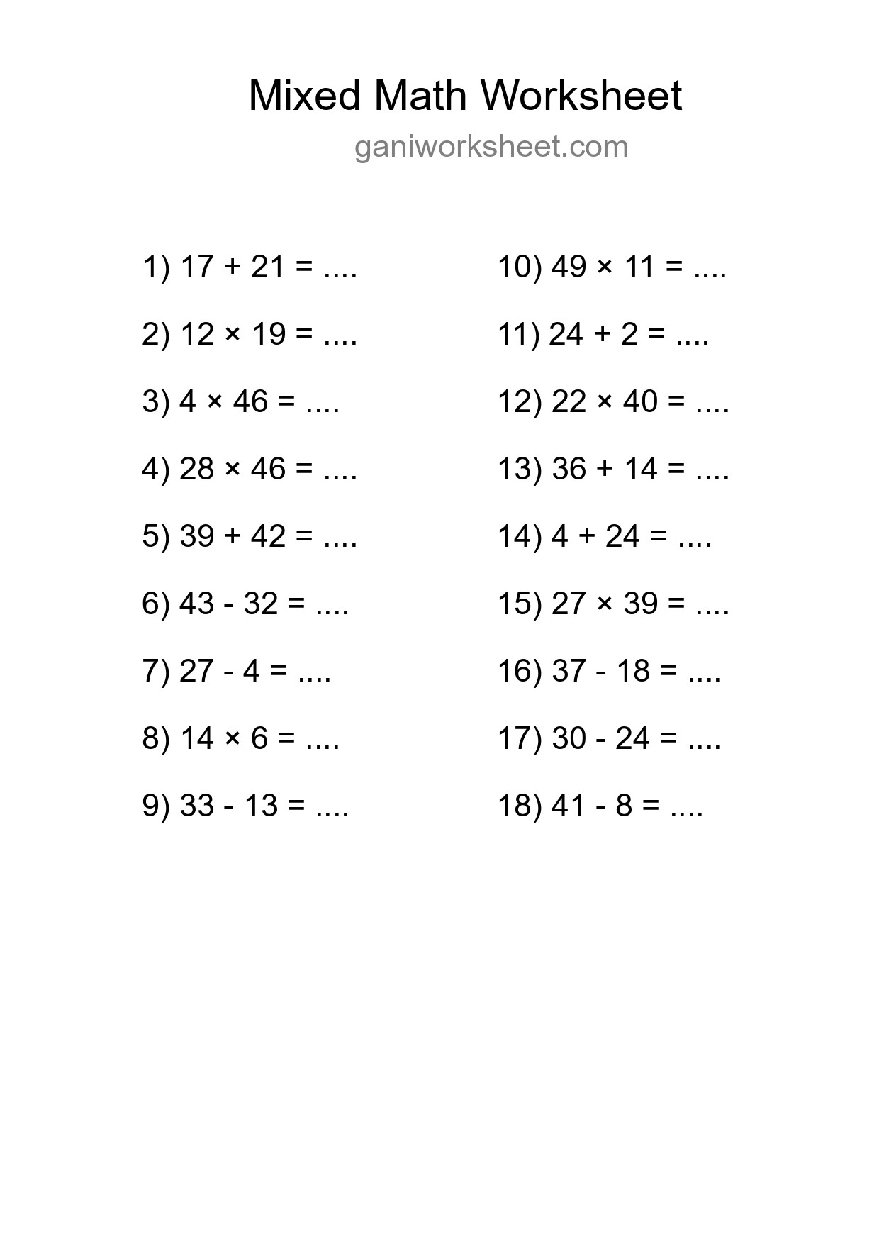 Printable Mixed Operations Worksheet for Grade 3