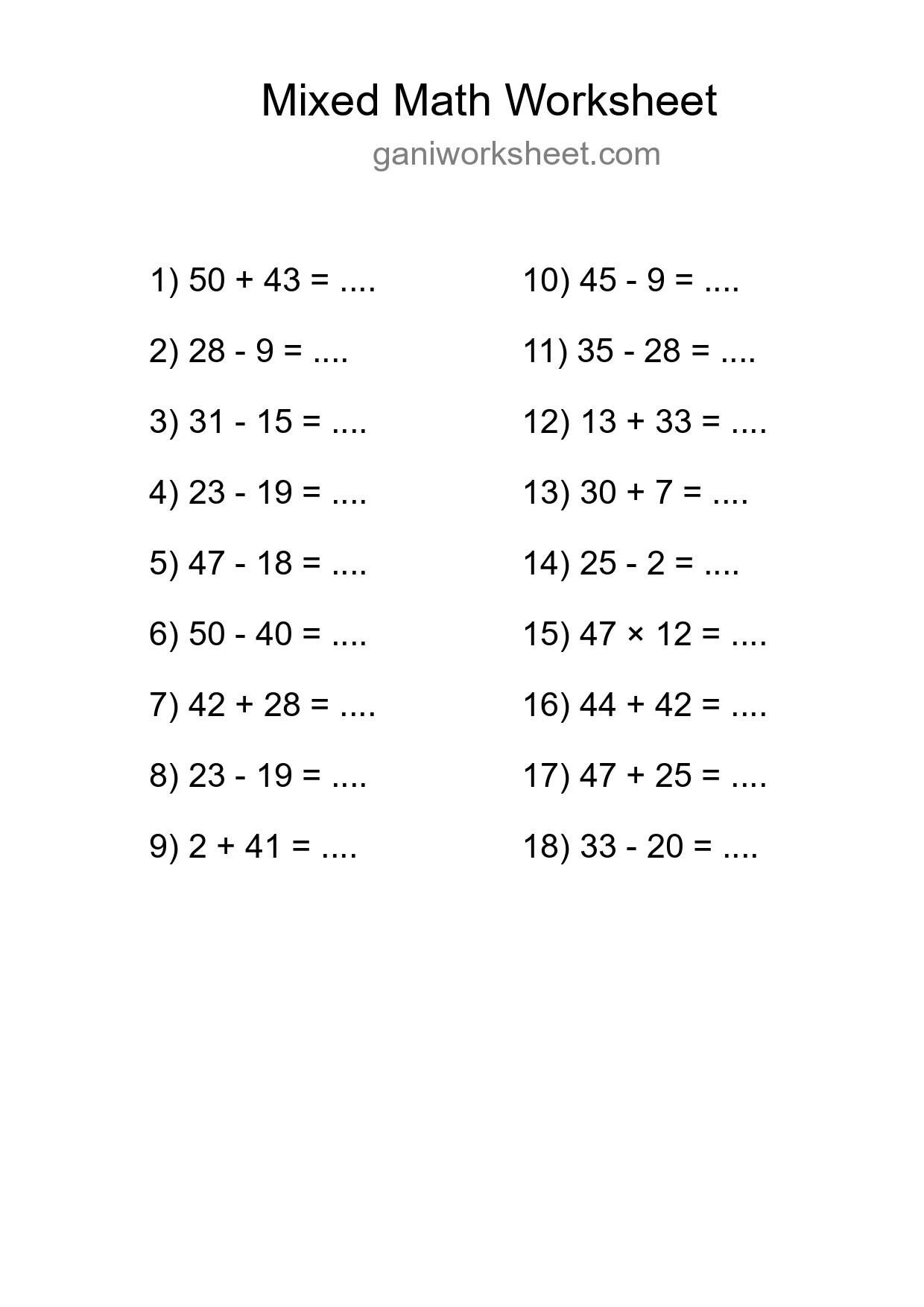 Mixed Operations Math Worksheet