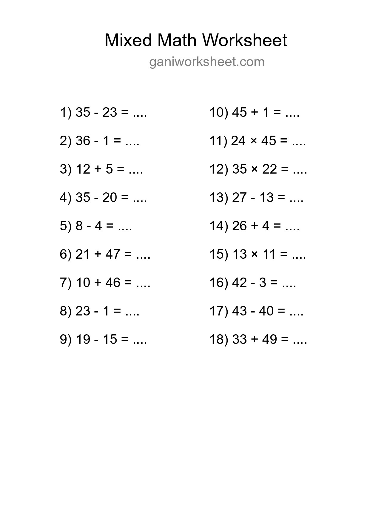 Printable Mixed Operations Worksheet for Grade 3