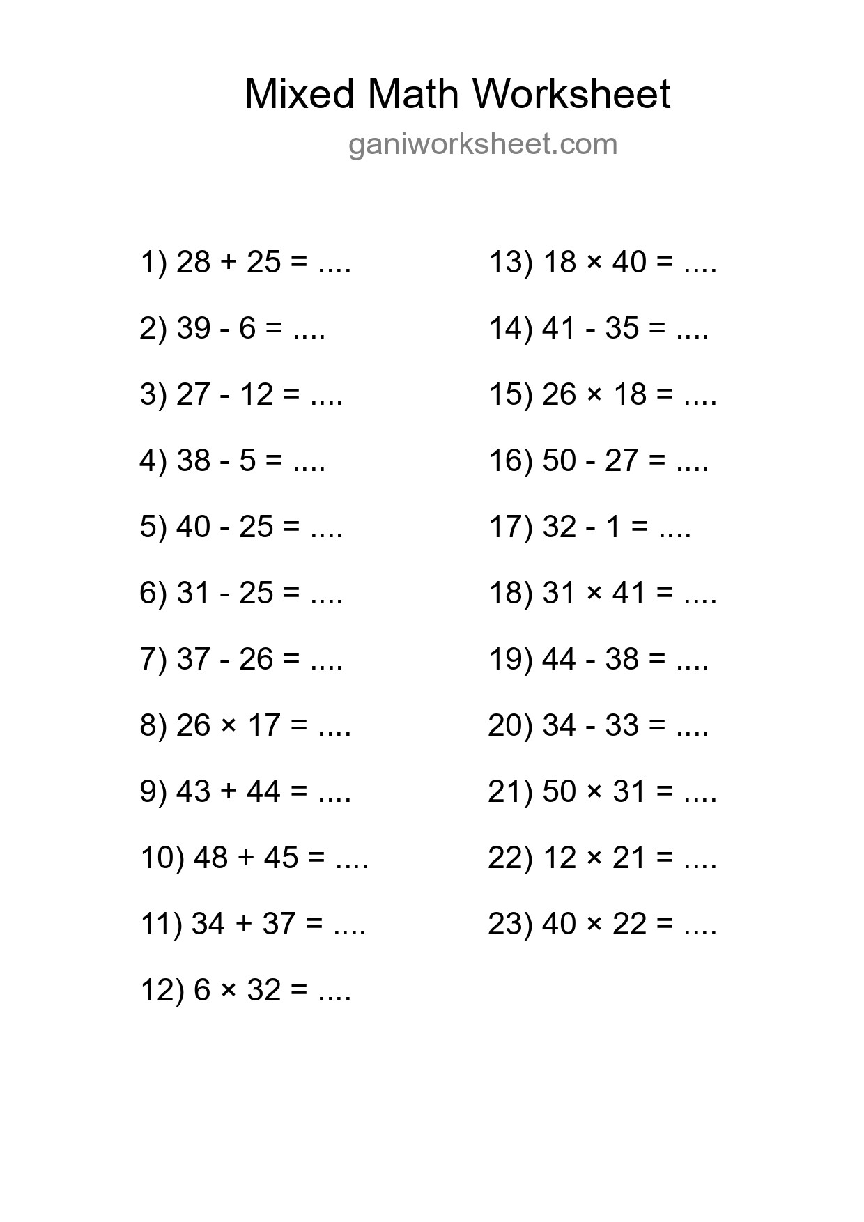 Mixed Operations Math Worksheet