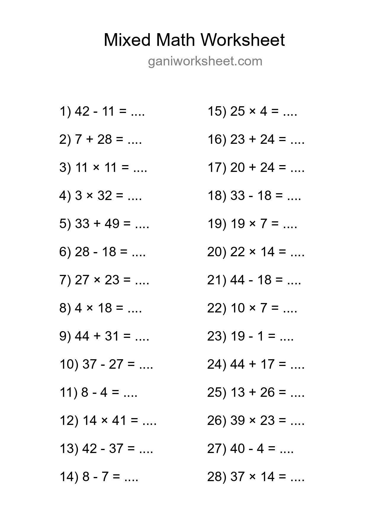 Printable Mixed Operations Worksheet for Grade 3