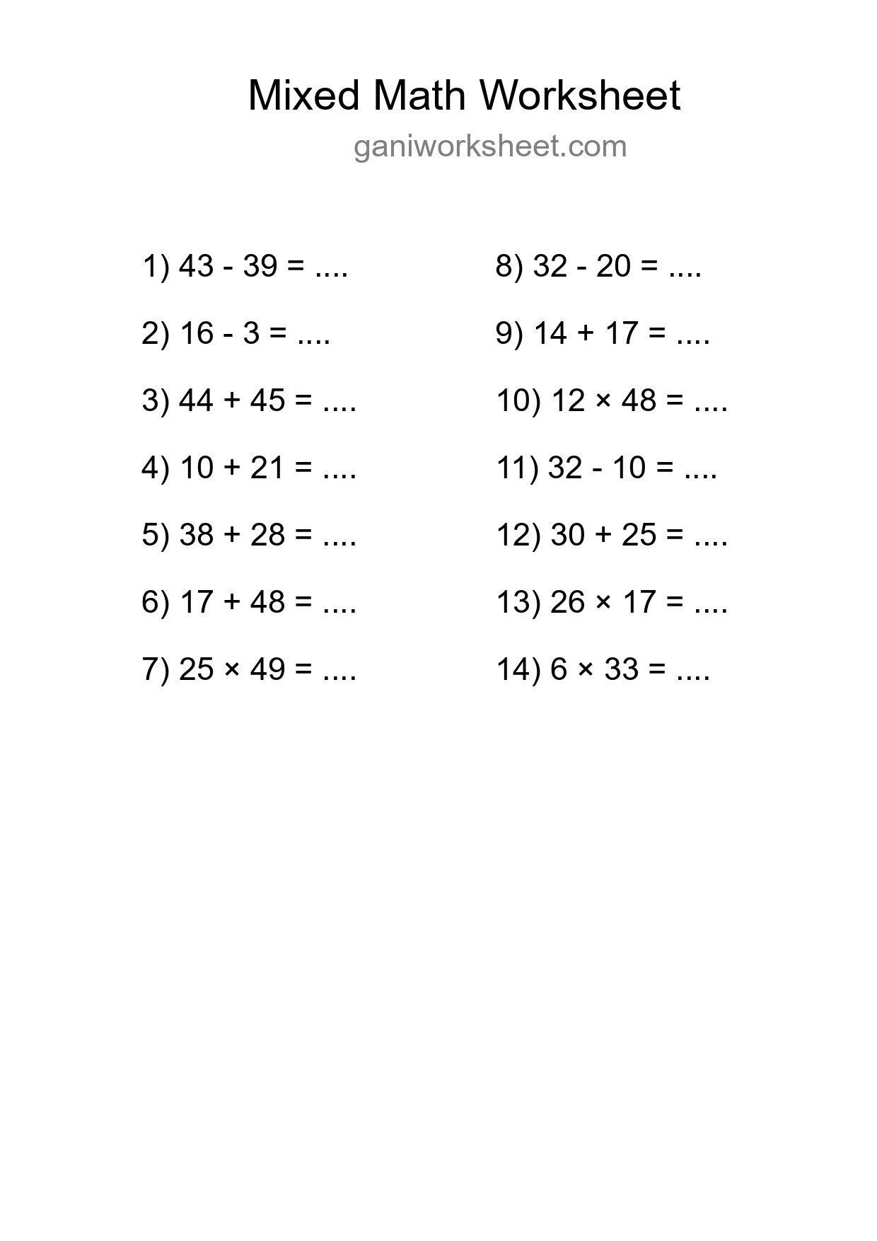 Printable Mixed Operations Worksheet for Grade 3