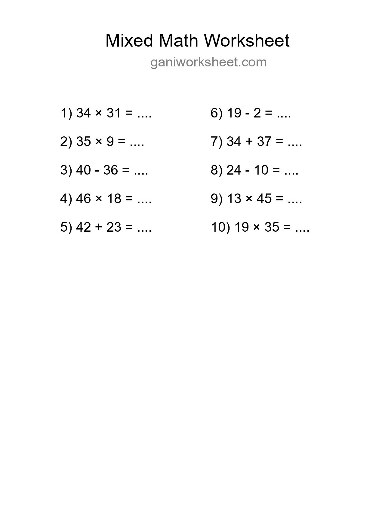 Printable Mixed Operations Worksheet for Grade 3
