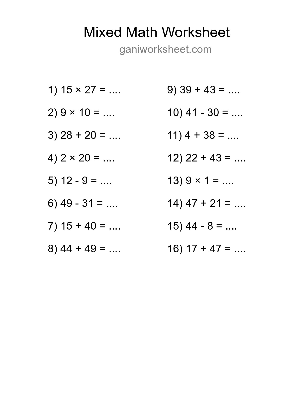 Printable Mixed Operations Worksheet for Grade 3