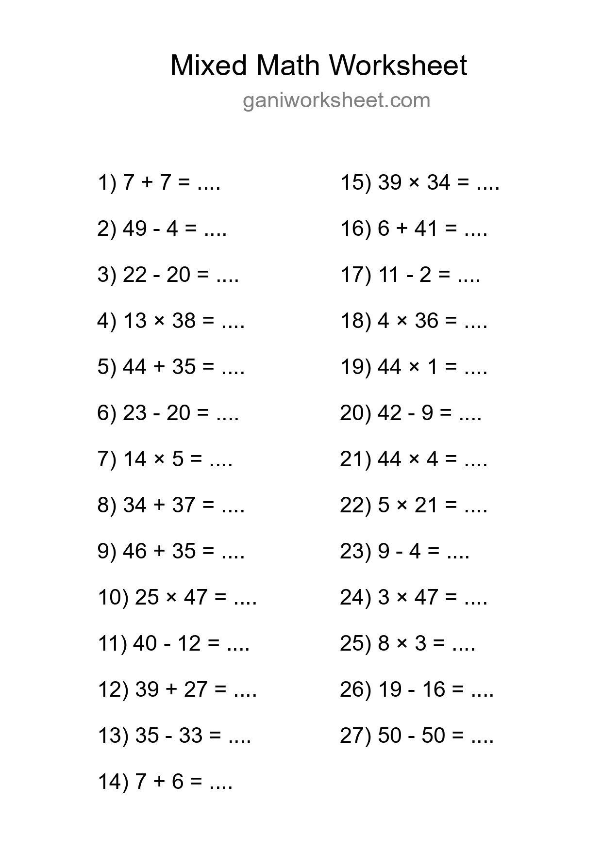 Printable Mixed Operations Worksheet for Grade 3