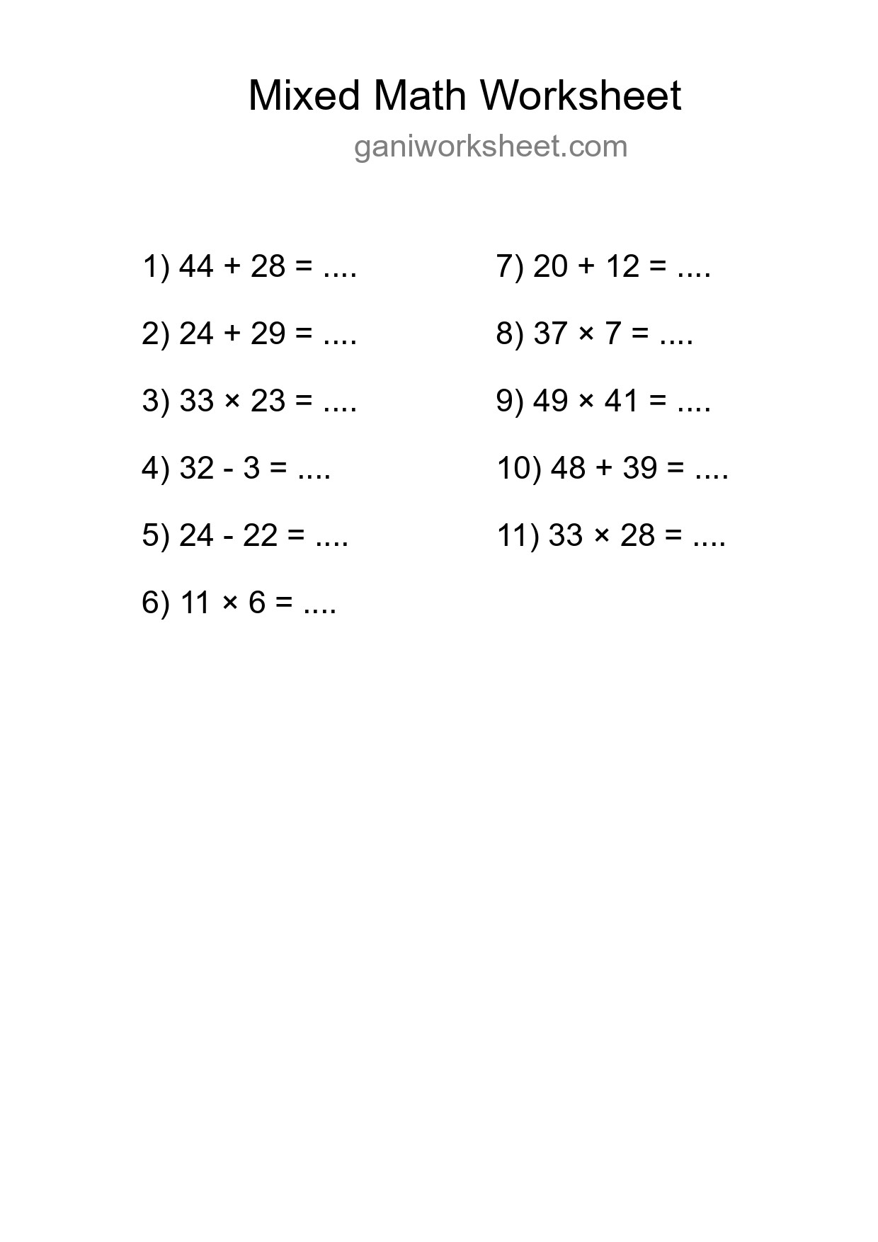 Mixed Operations Math Worksheet