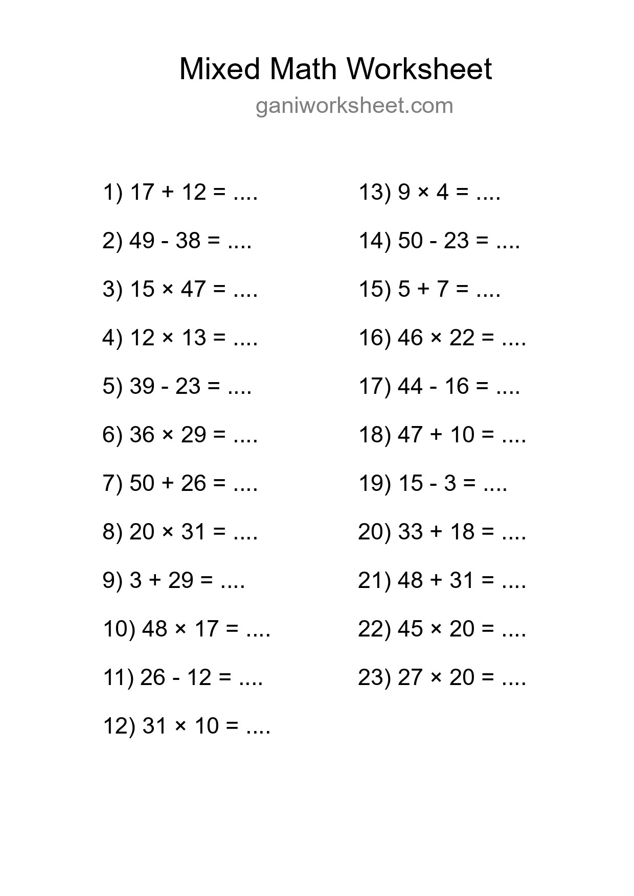 Printable Mixed Operations Worksheet for Grade 3