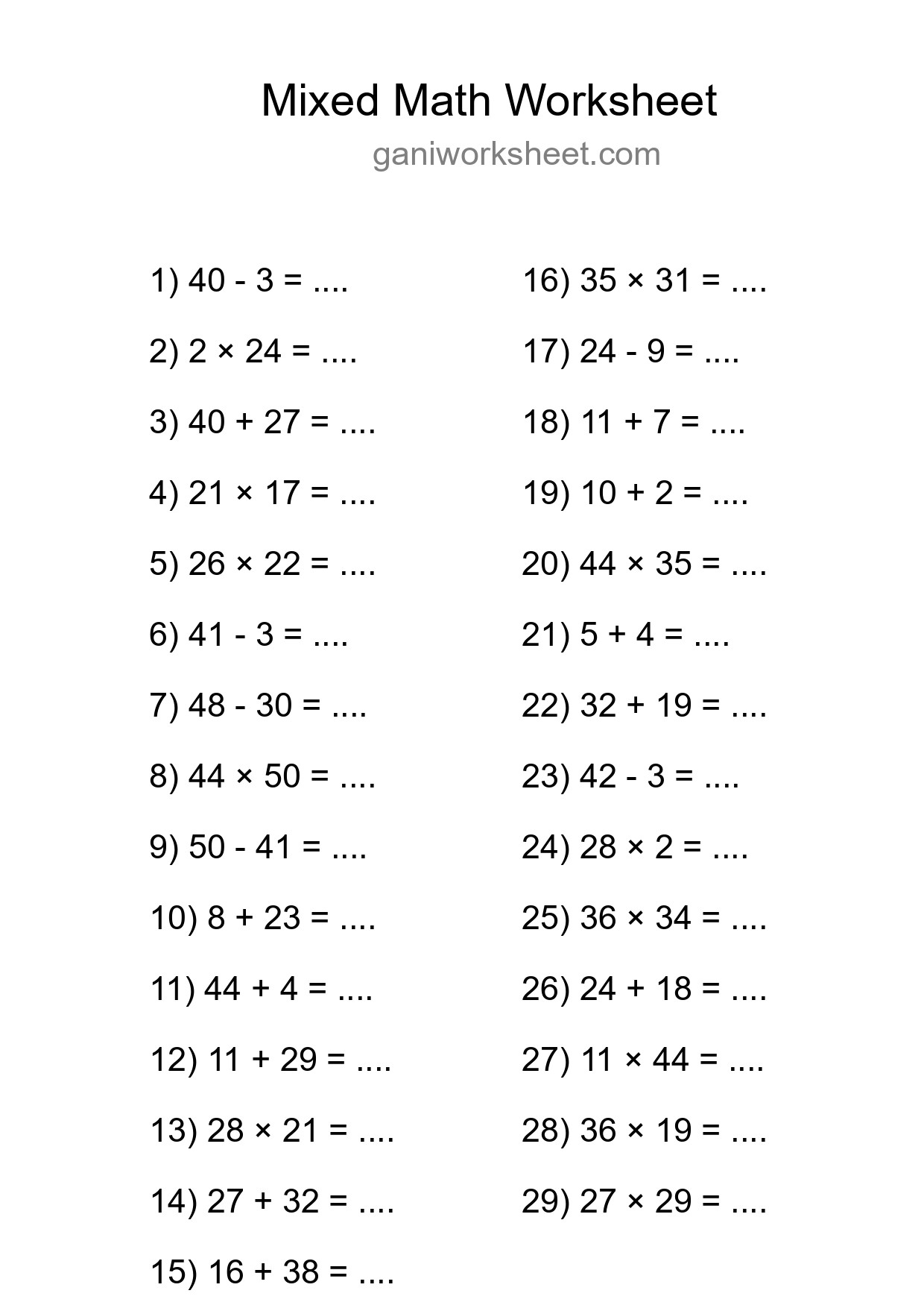 Printable Mixed Operations Worksheet for Grade 3