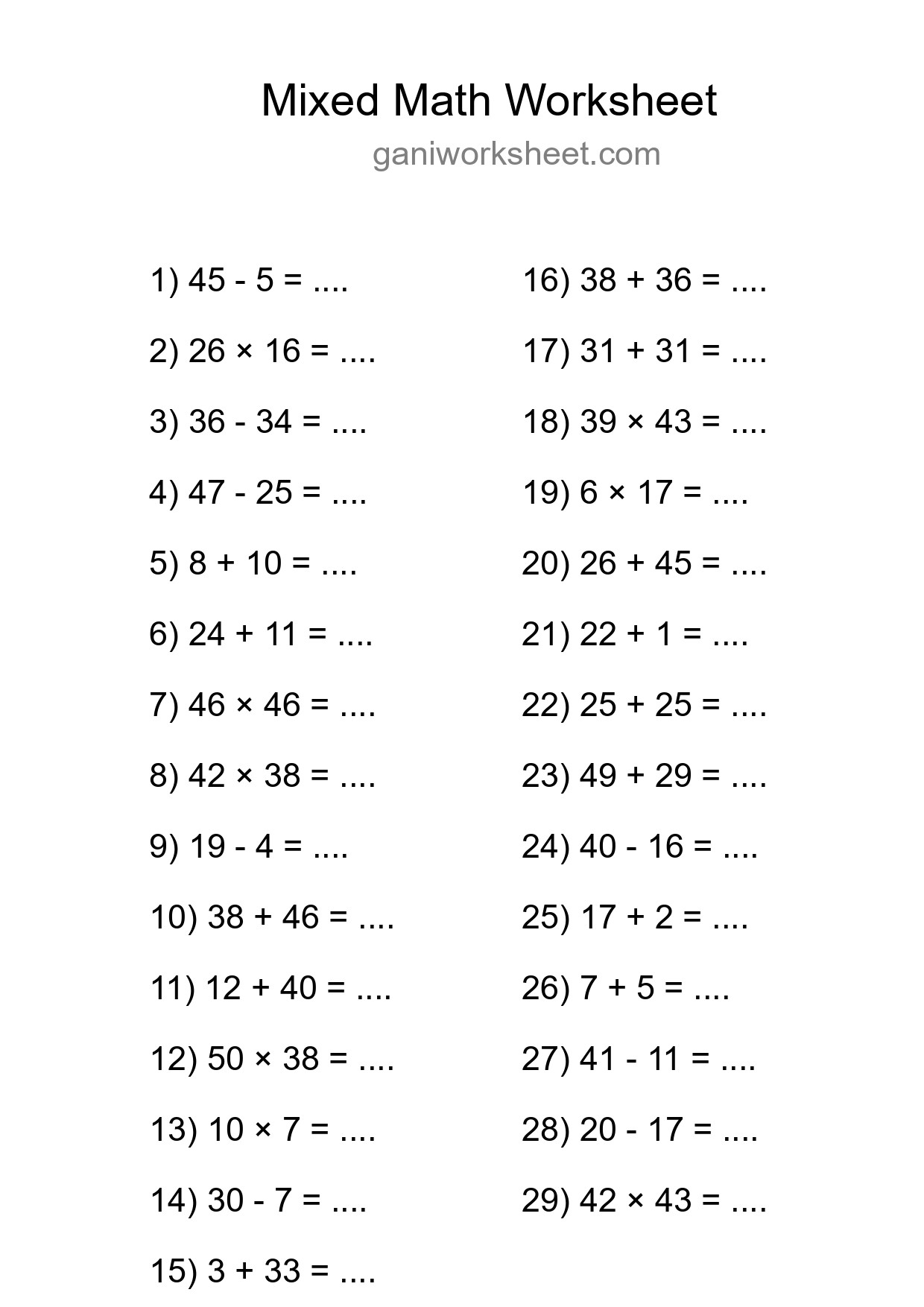 Mixed Operations Math Worksheet