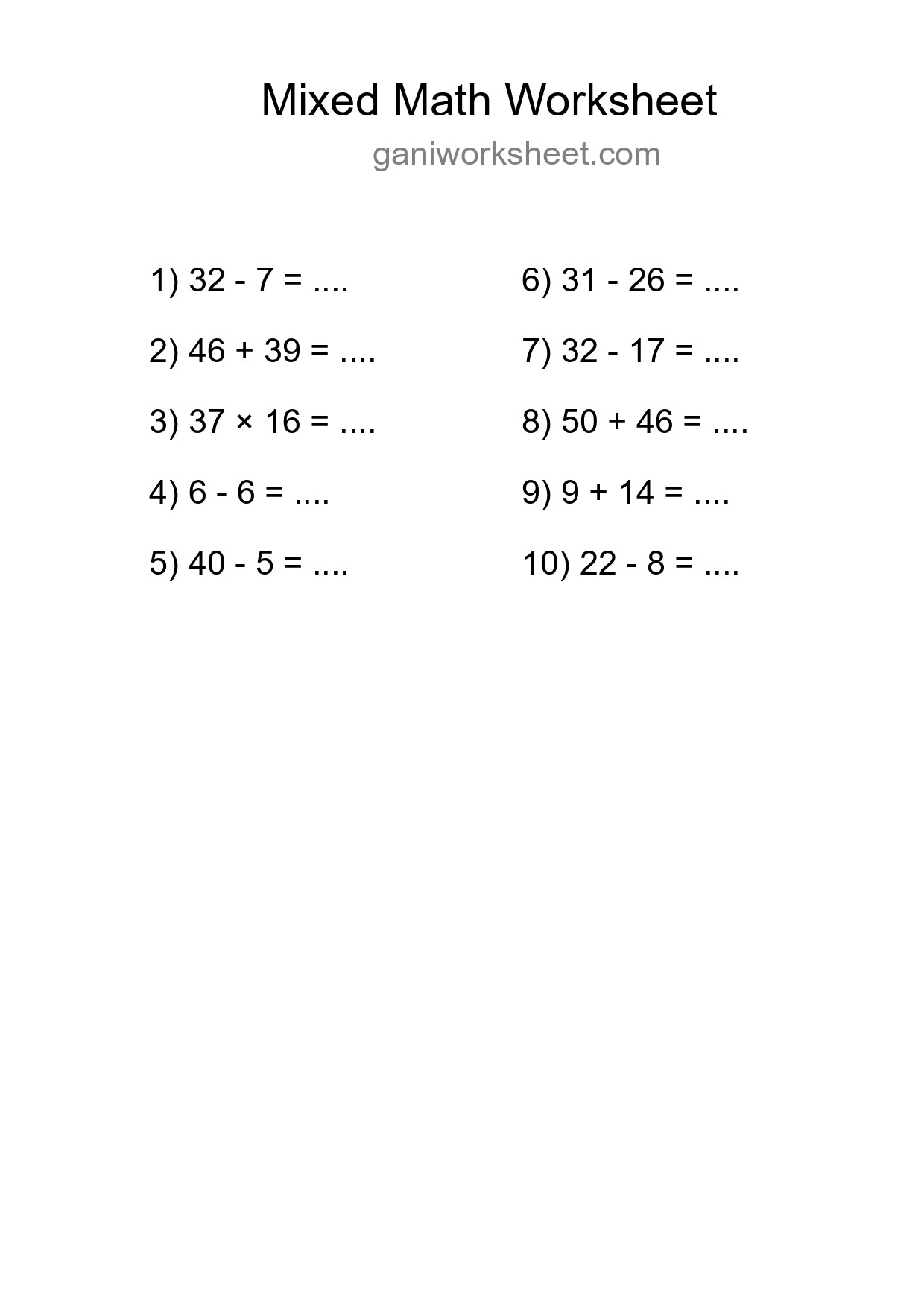 Mixed Operations Math Worksheet