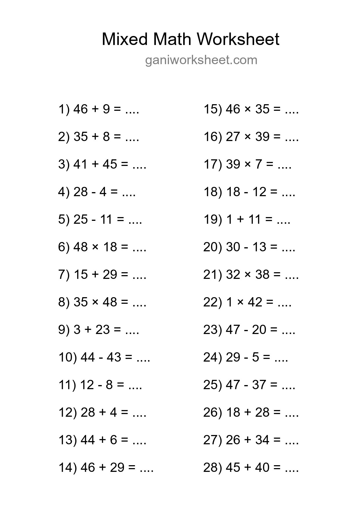 Printable Mixed Operations Worksheet for Grade 3