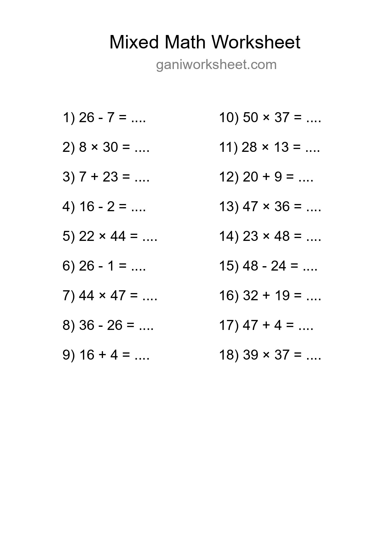 Printable Mixed Operations Worksheet for Grade 3