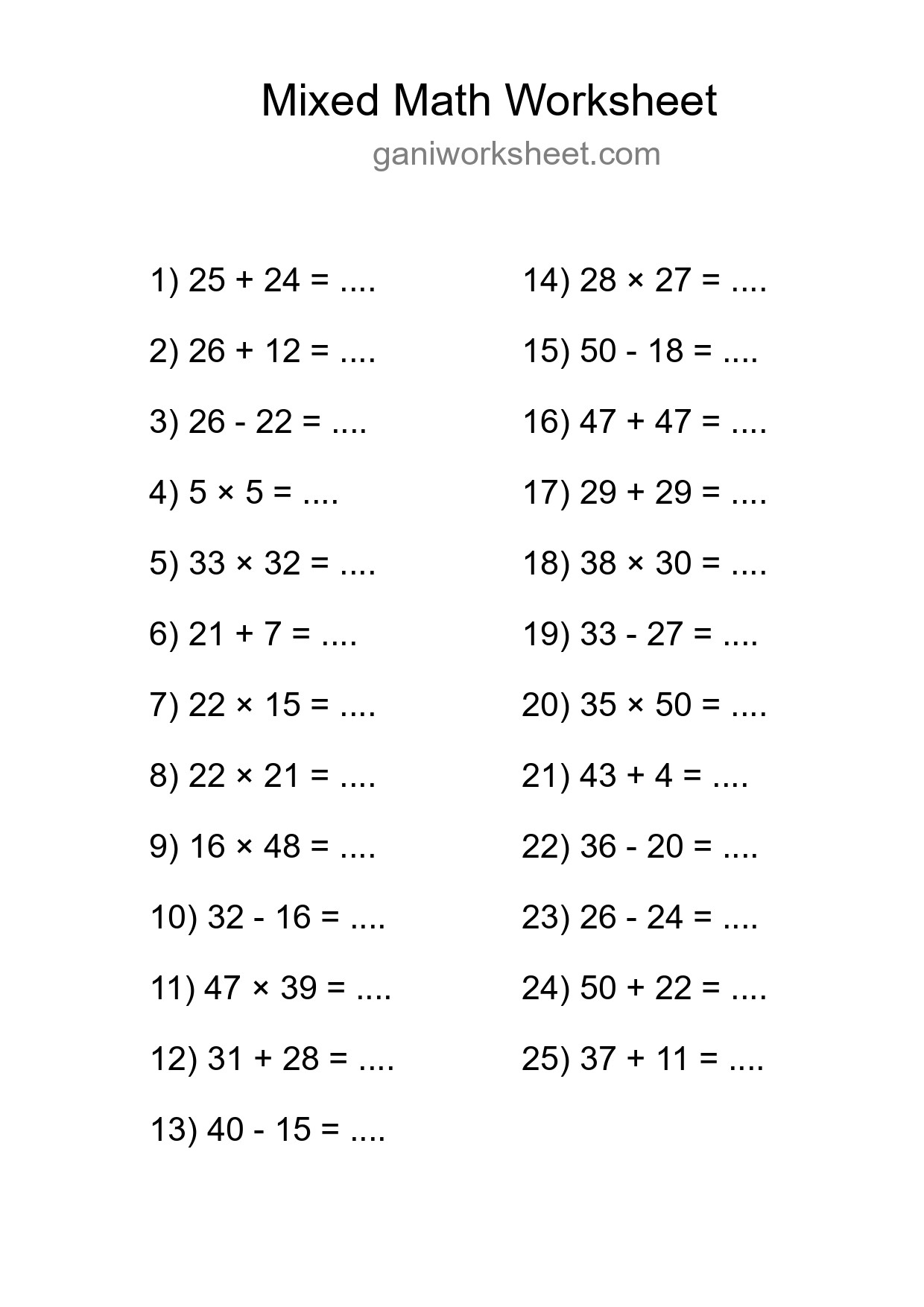 Mixed Operations Math Worksheet