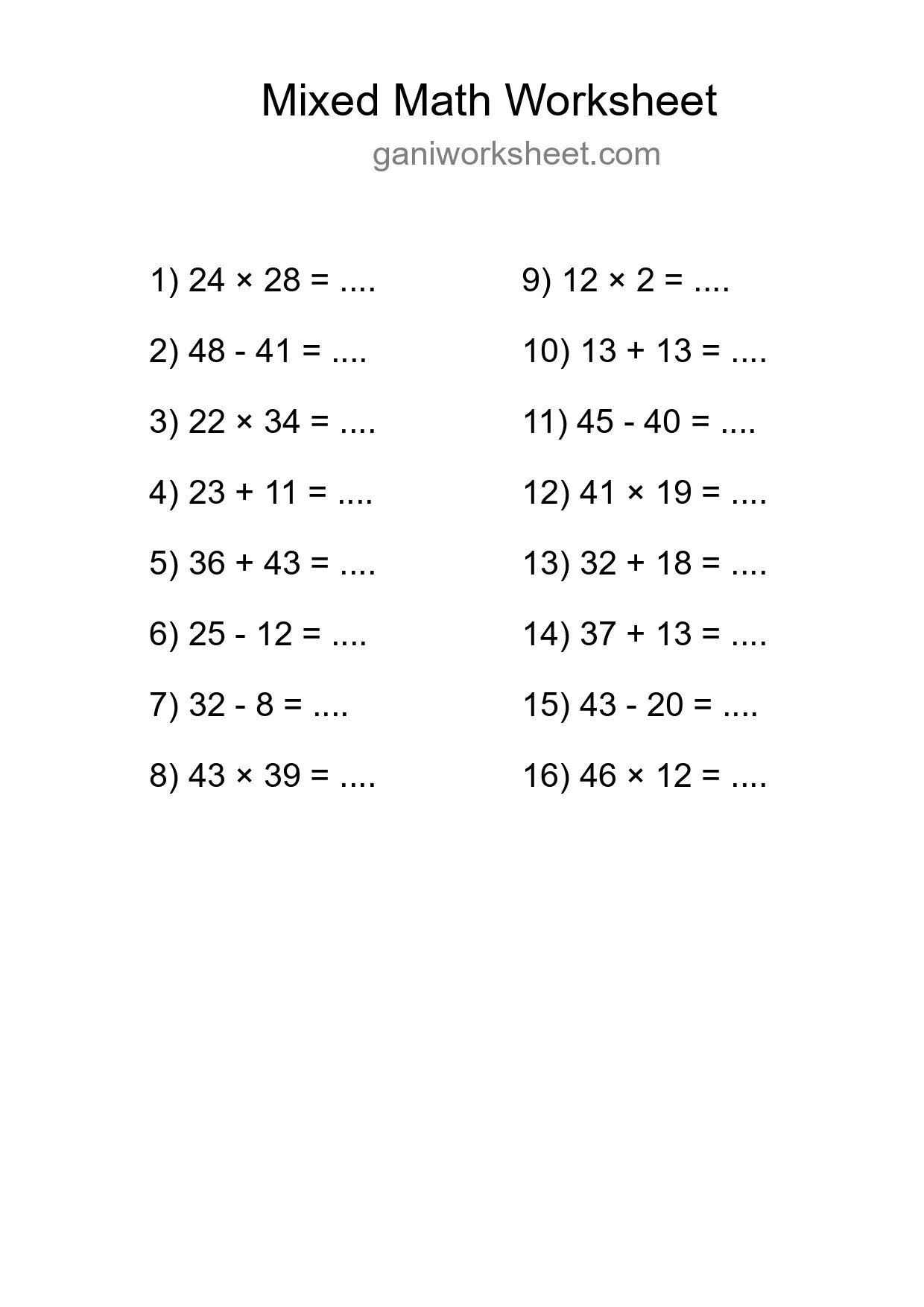 Printable Mixed Operations Worksheet for Grade 3