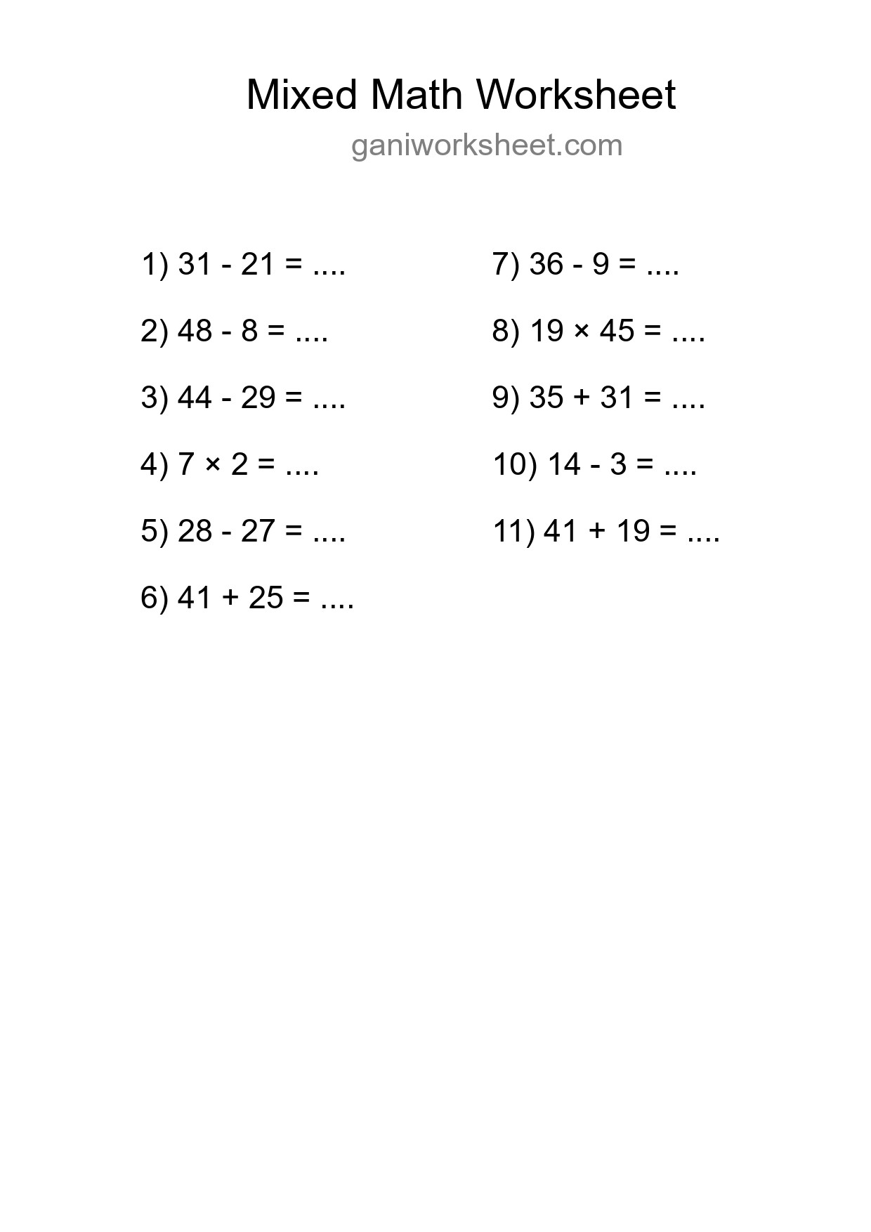 Mixed Operations Math Worksheet