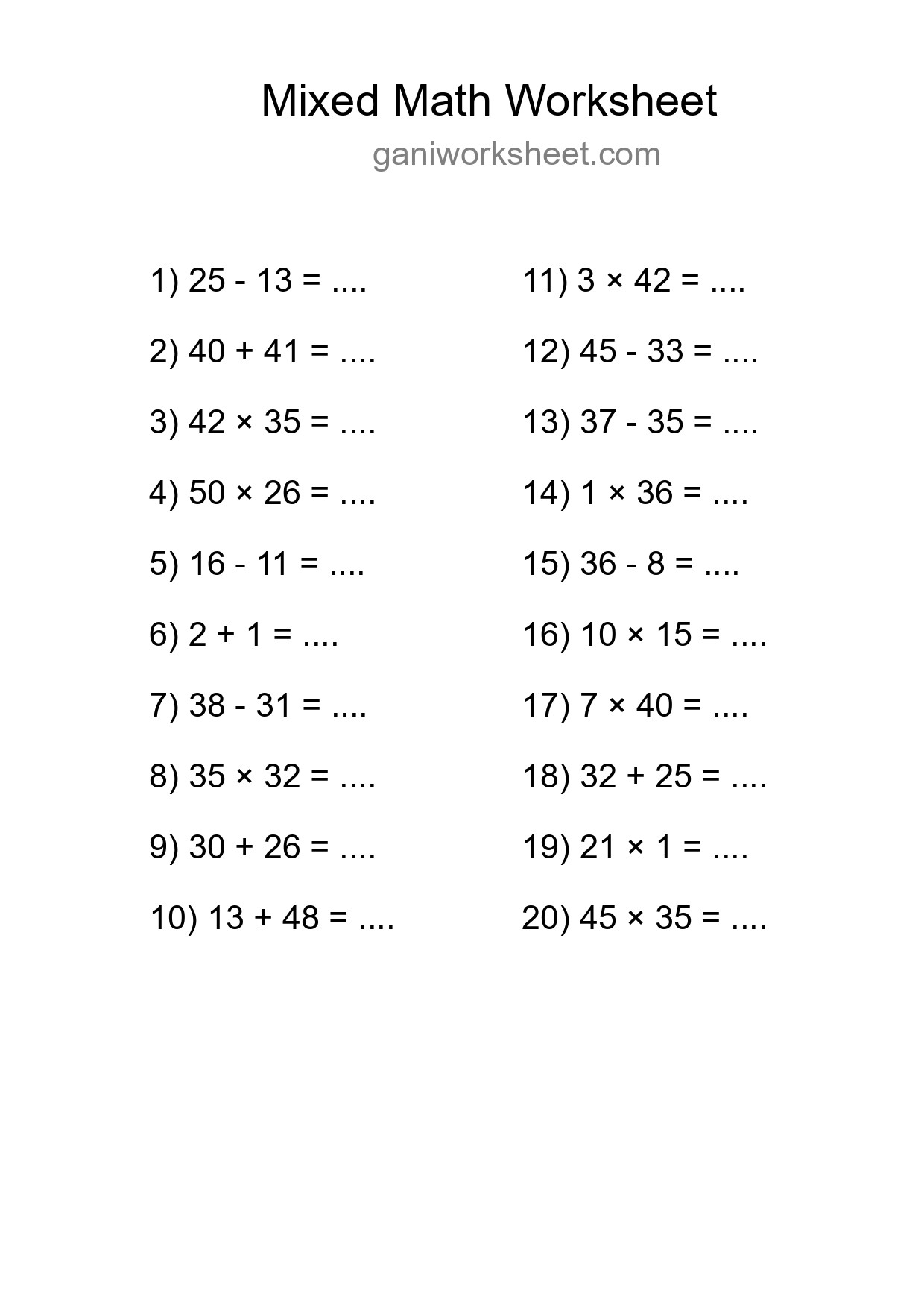 Mixed Operations Math Worksheet