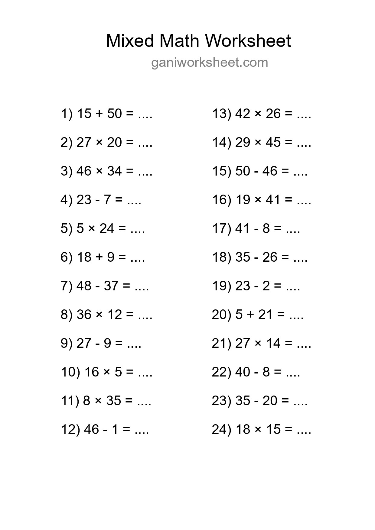 Mixed Operations Math Worksheet