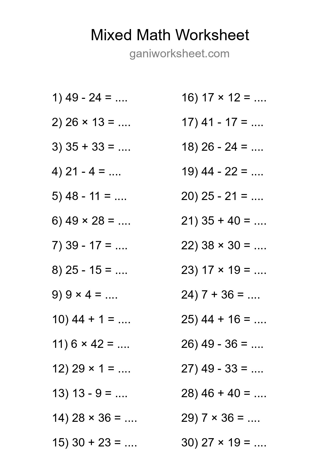Printable Mixed Operations Worksheet for Grade 3