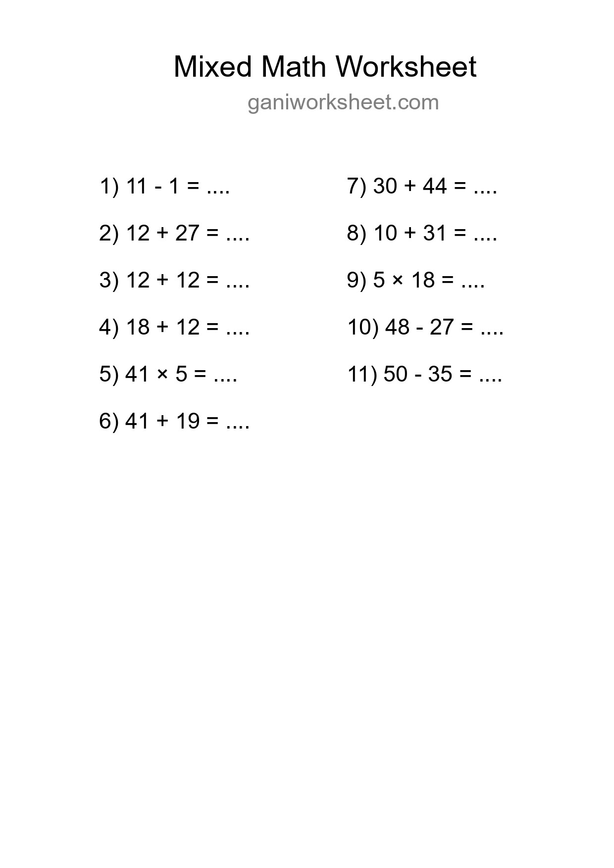 Mixed Operations Math Worksheet